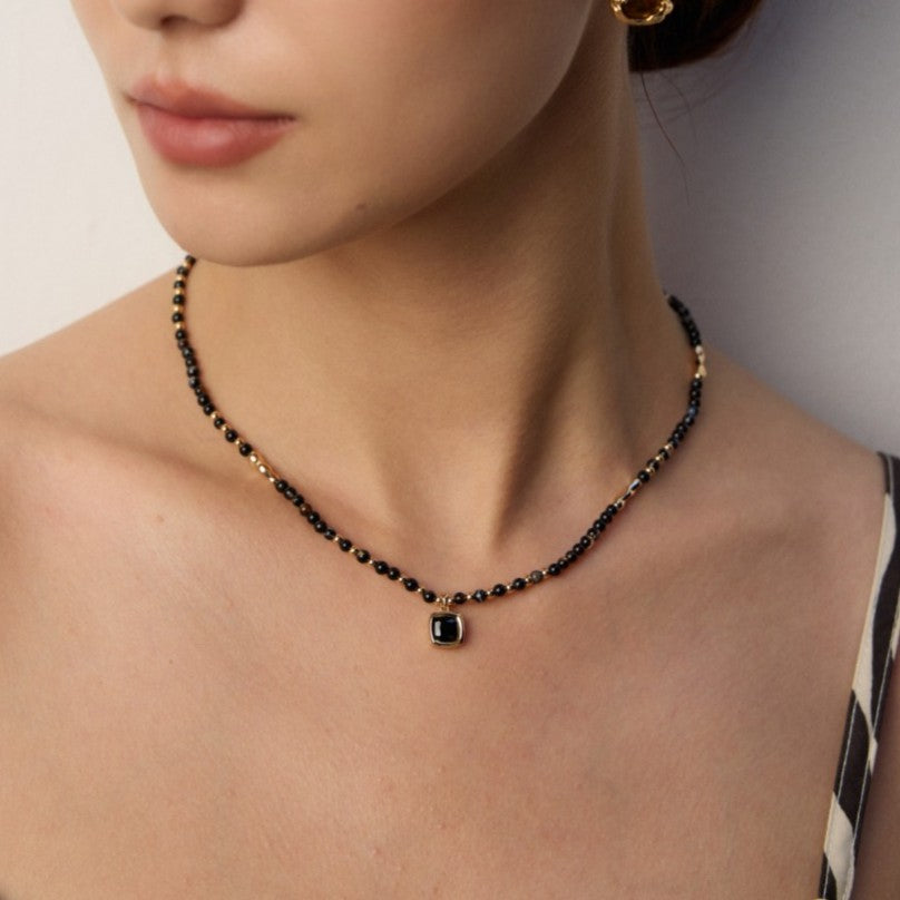 Black Onyx Beaded Necklace | S925 Sterling Silver, Vintage Gold