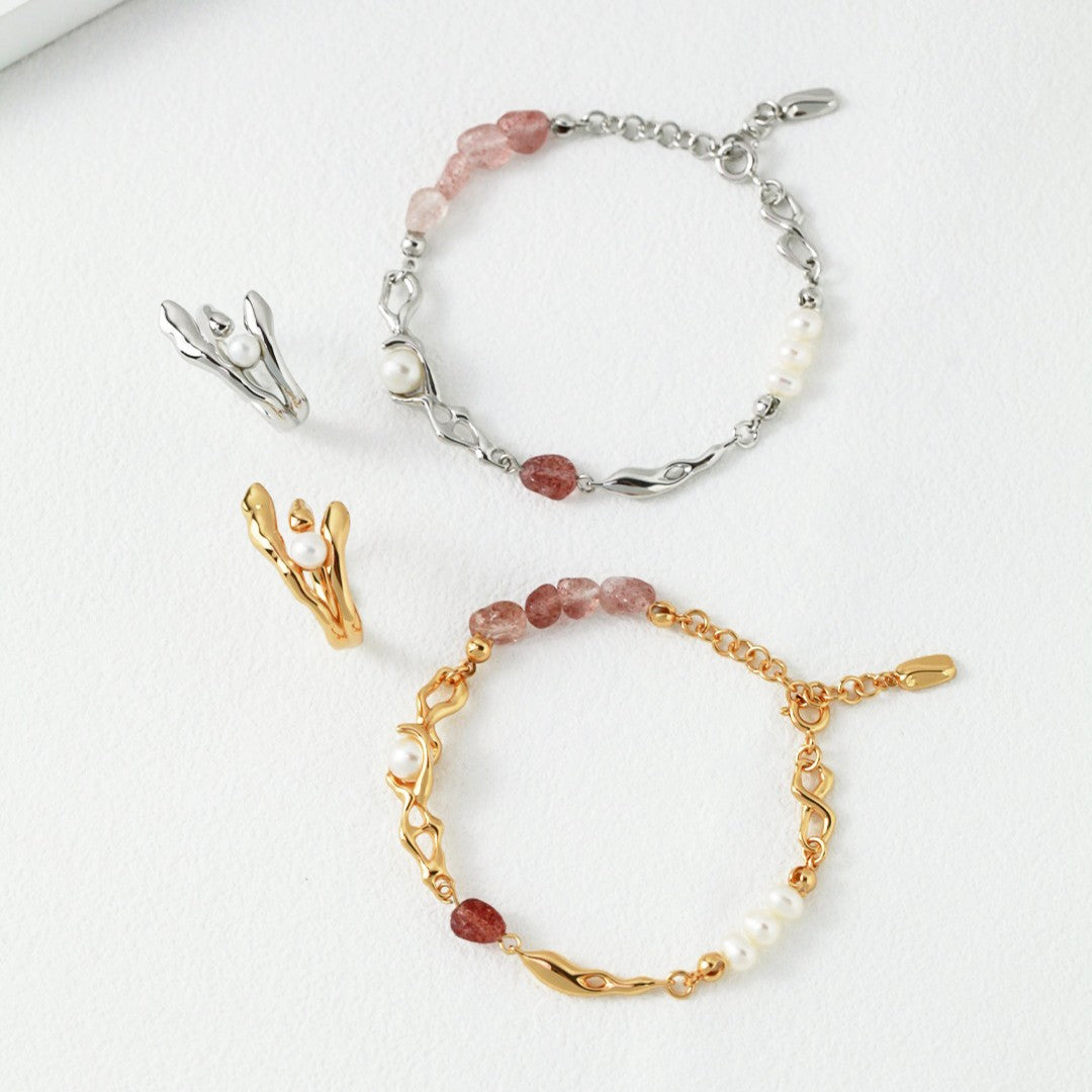 Strawberry Quartz & Pearl Bracelet | S925 Sterling Silver, White Gold / Vintage Gold