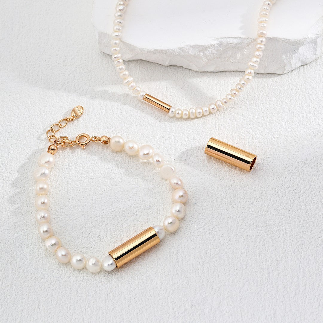 Minimalist Pearl Bracelet | S925 Sterling Silver, Vintage Gold