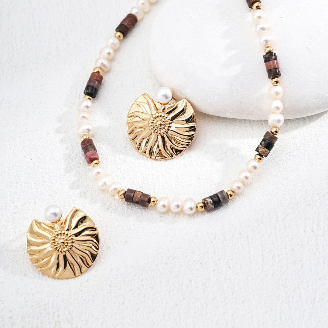 Sunburst Pearl Stud Earrings | S925 Sterling Silver, Vintage Gold