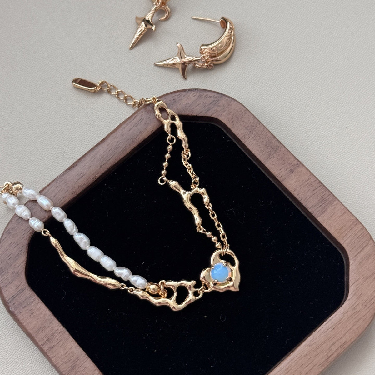 Opal & Pearl Heart Bracelet | S925 Sterling Silver, Silver / Vintage Gold