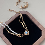 Opal & Pearl Heart Bracelet | S925 Sterling Silver, Silver / Vintage Gold