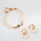 Malachite & Pearl Double-Strand Bracelet | S925 Sterling Silver, Vintage Gold