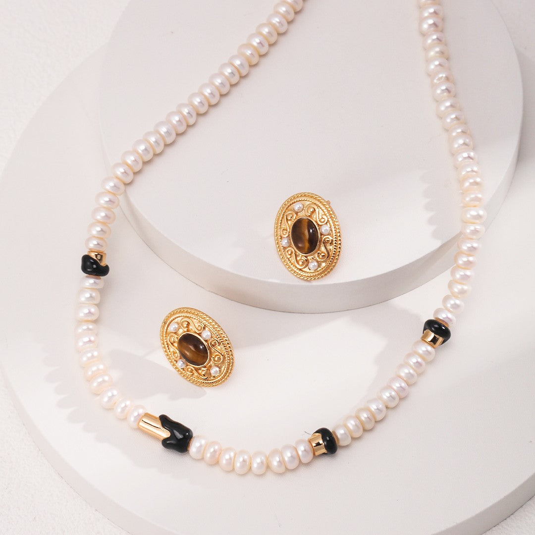 Enamel Pearl Necklace | S925 Sterling Silver, Vintage Gold