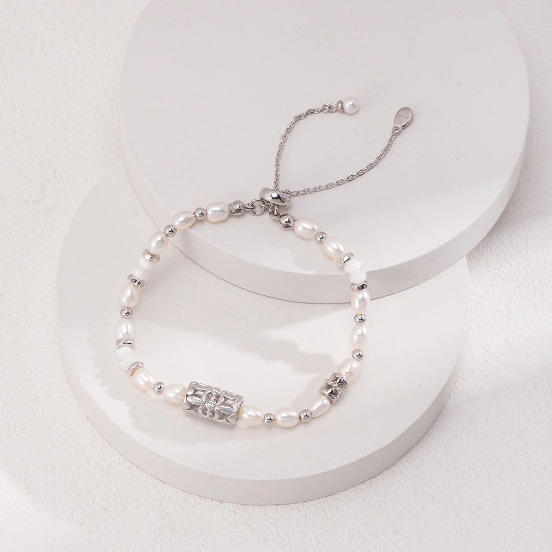 Pearl, Onyx & Zircon Bracelet | S925 Sterling Silver, White Gold / Vintage Gold