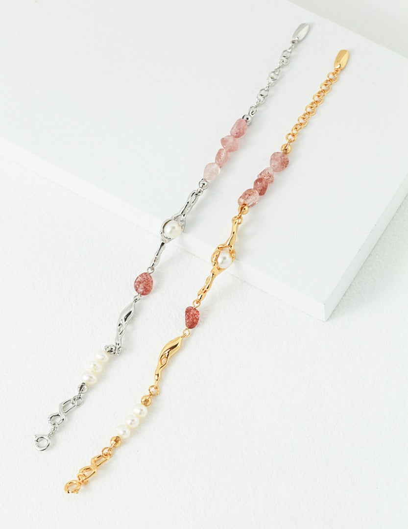 Strawberry Quartz & Pearl Bracelet | S925 Sterling Silver, White Gold / Vintage Gold