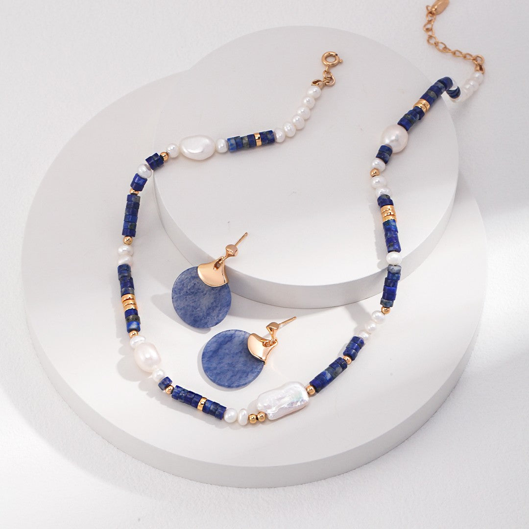 Lapis Lazuli & Pearl Necklace | S925 Sterling Silver, Vintage Gold