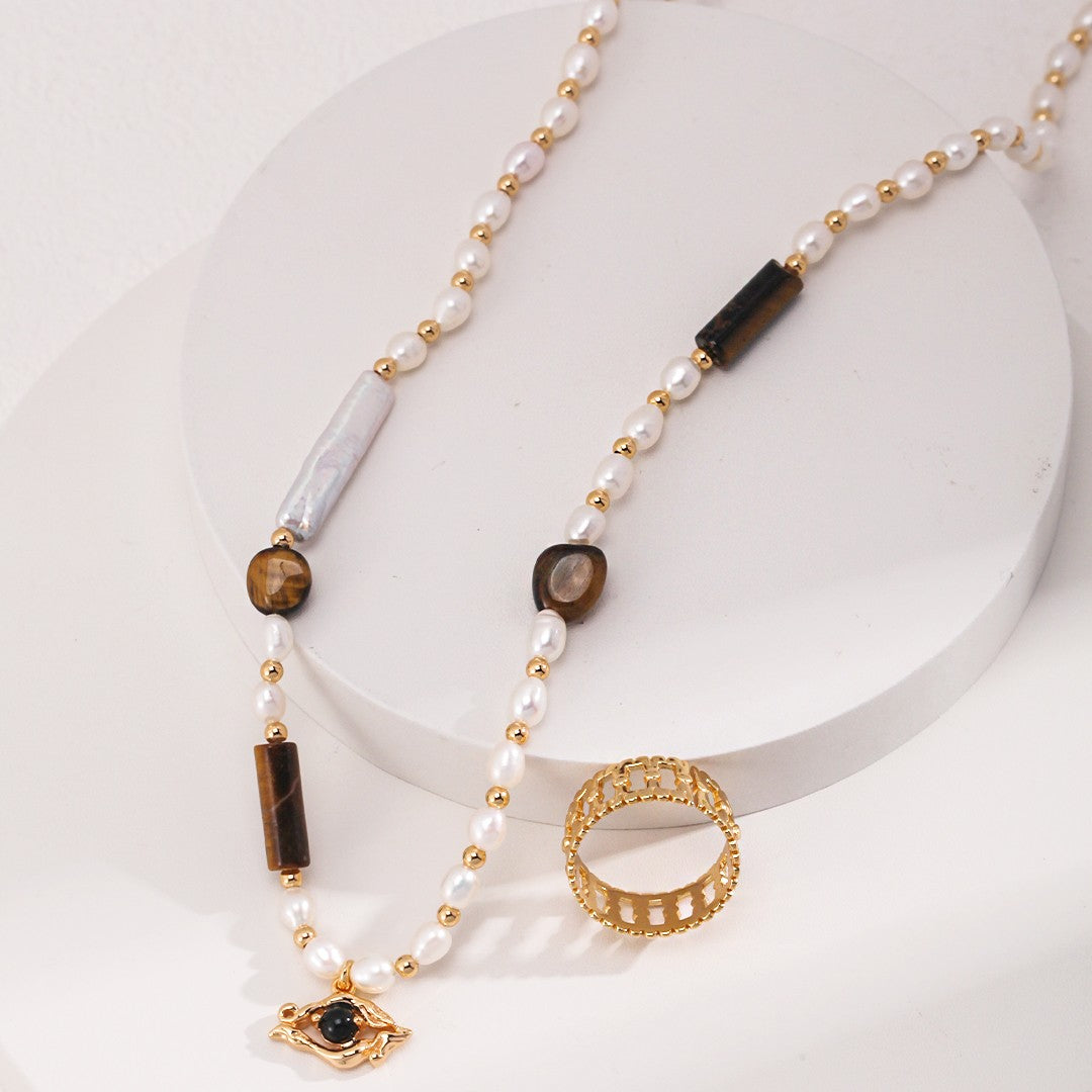 Tiger’s Eye & Pearl Necklace | S925 Sterling Silver, Vintage Gold