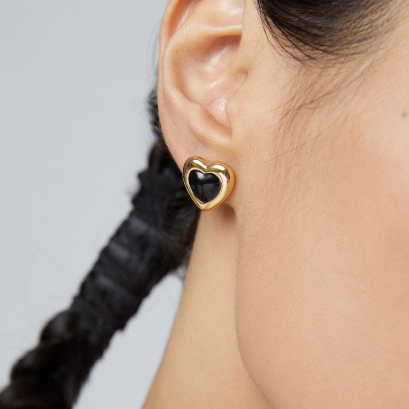 Black Onyx Heart Earrings | S925 Sterling Silver, Vintage Gold / White Gold