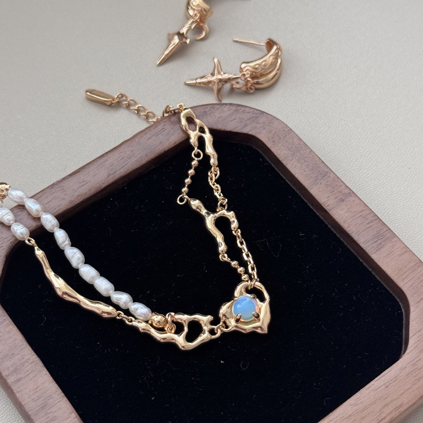 Opal & Pearl Heart Bracelet | S925 Sterling Silver, Silver / Vintage Gold