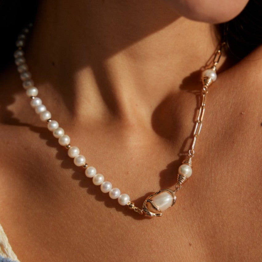 Asymmetrical Pearl Necklace | S925 Sterling Silver, Vintage Gold / White Gold
