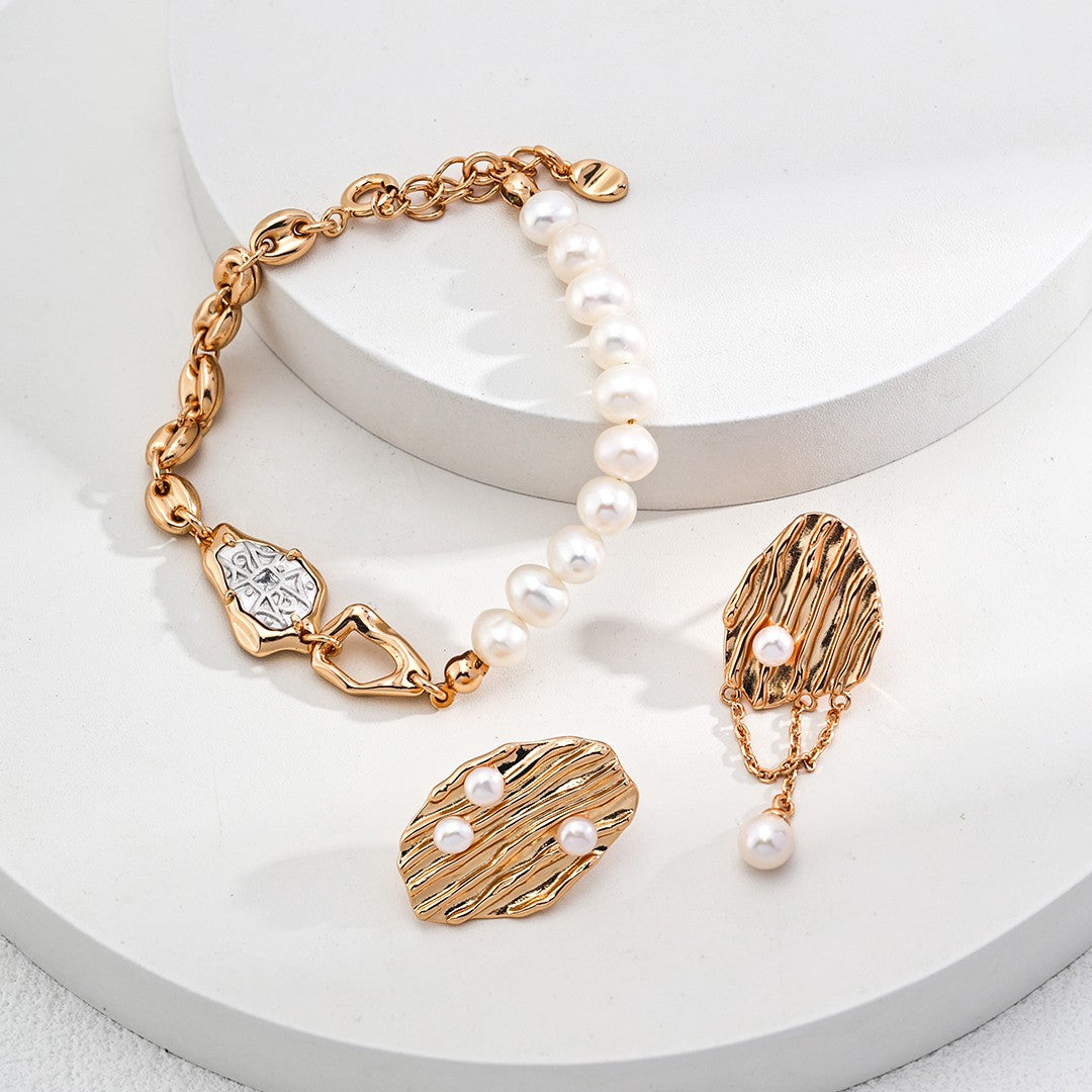 Pearl & Silver Inlay Bracelet | S925 Sterling Silver, Vintage Gold