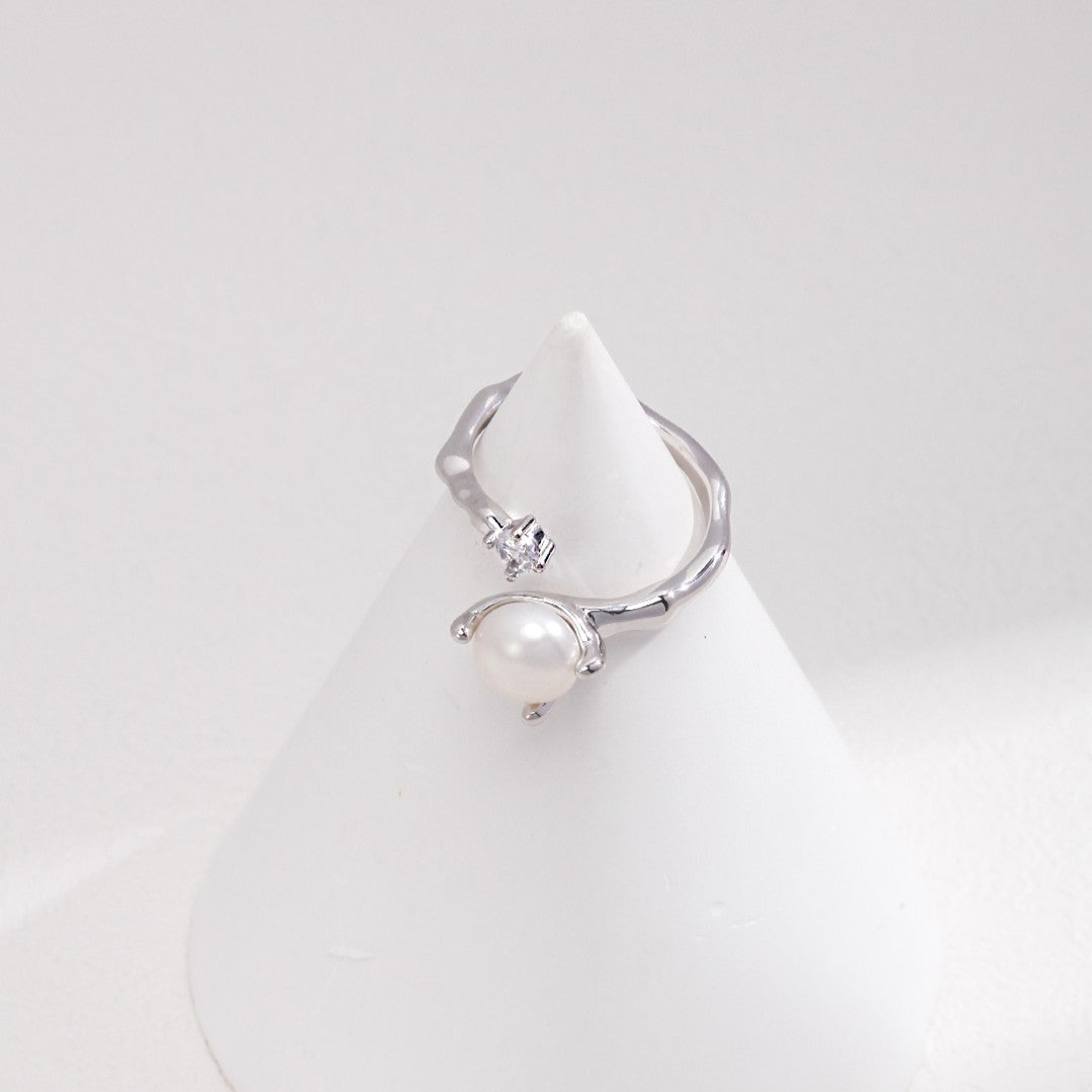 Pearl & Zircon Ring | S925 Sterling Silver, Adjustable, White Gold / Vintage Gold