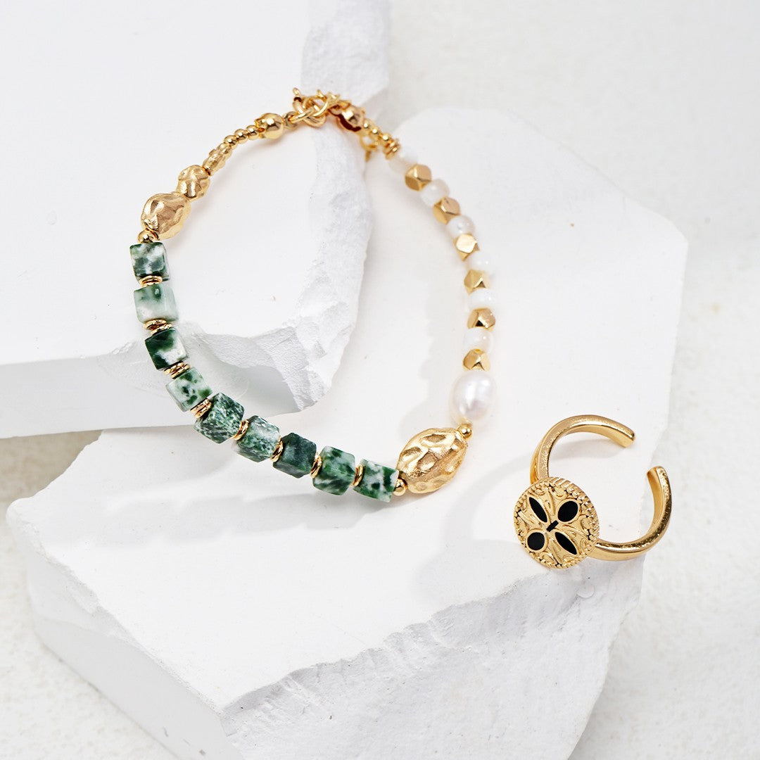 Stone & Pearl Bracelet | S925 Sterling Silver, Vintage Gold