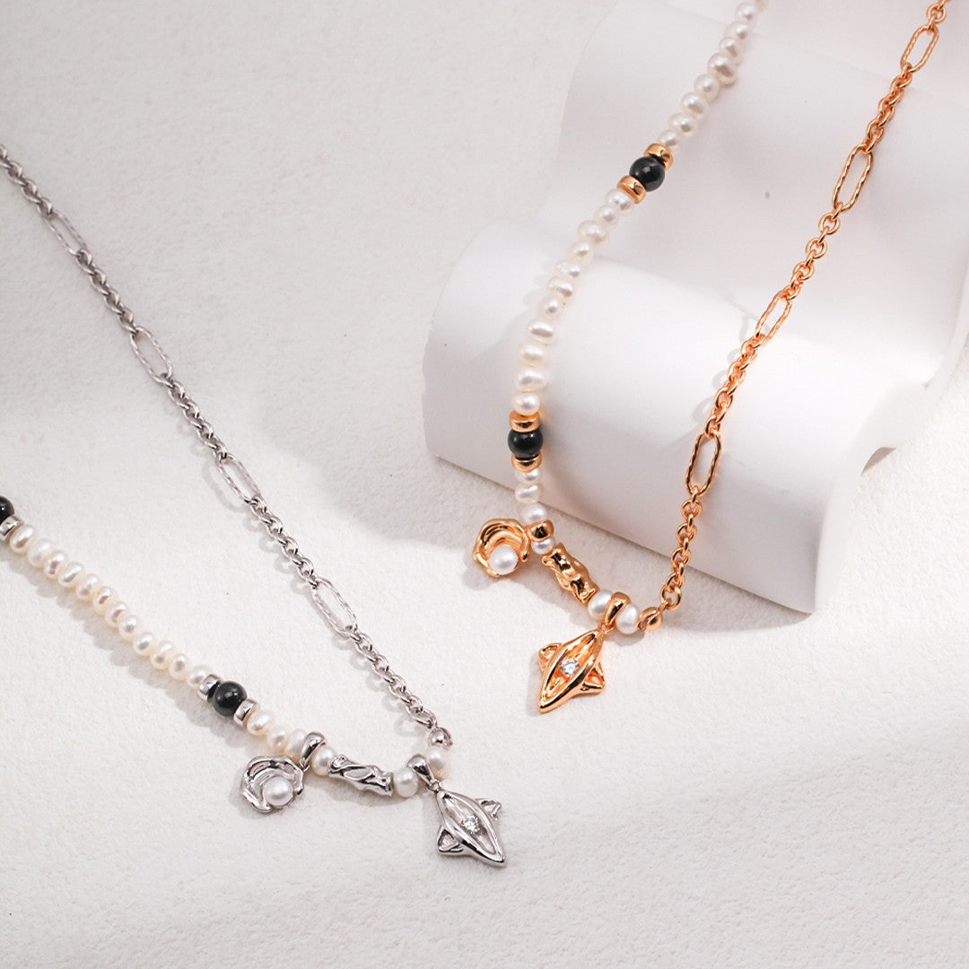 Celestial Pearl Necklace | S925 Sterling Silver, Vintage Gold / White Gold