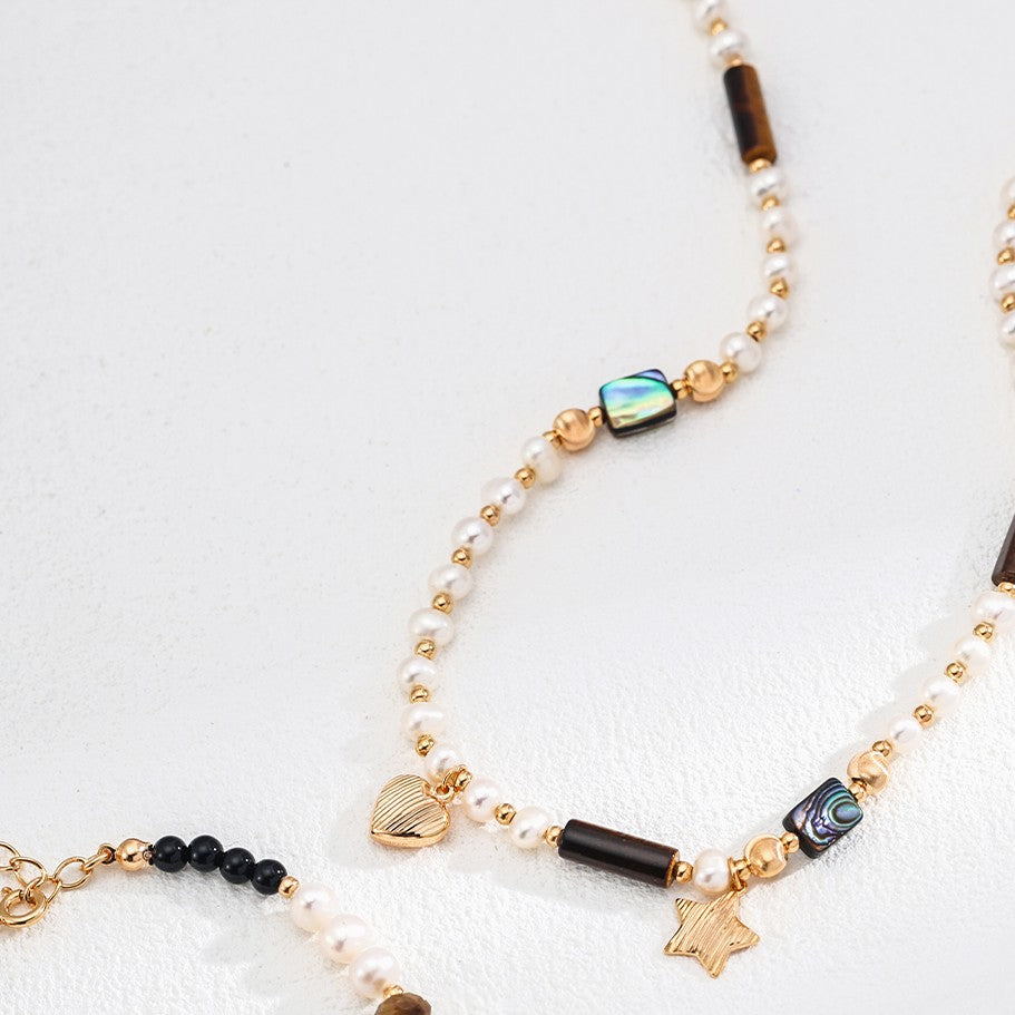 Tiger’s Eye, Abalone & Pearl Charm Necklace | S925 Sterling Silver, Vintage Gold