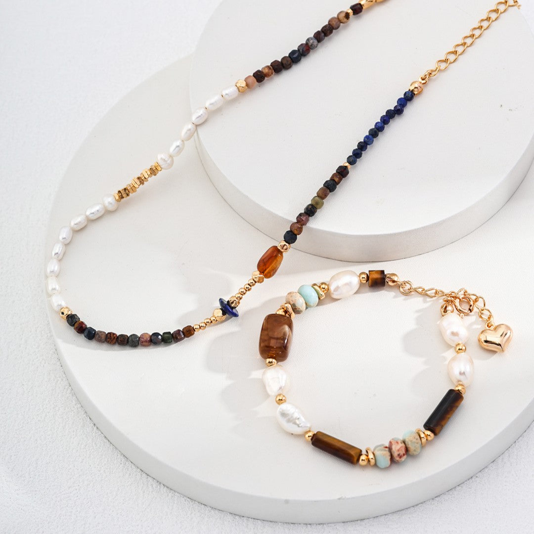 Shoushan Stone & Pearl Bracelet | S925 Sterling Silver, Vintage Gold