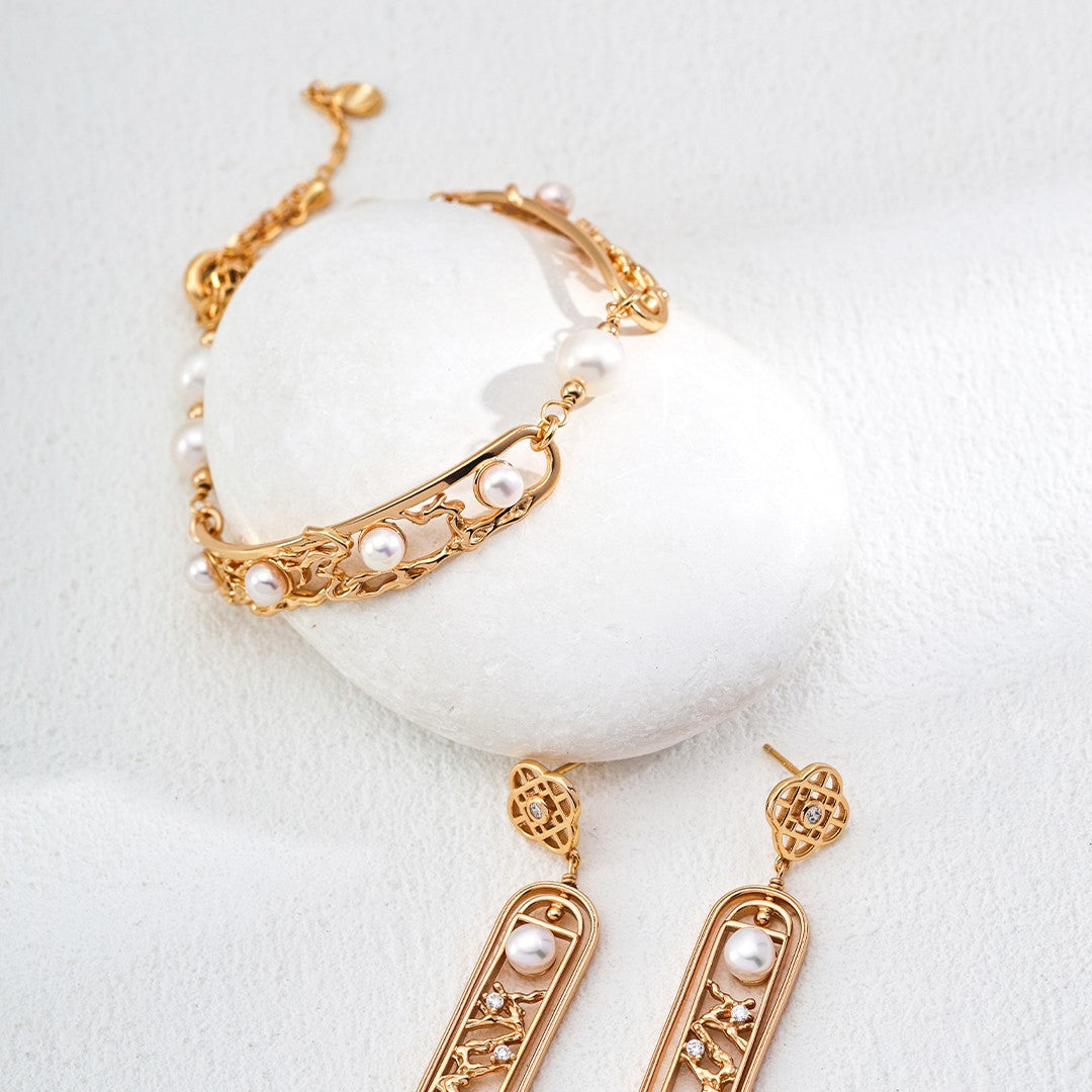 Oriental Window Pearl Bracelet | S925 Sterling Silver, Vintage Gold / White Gold