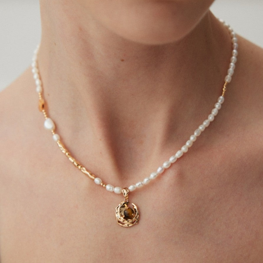 Golden Tiger Eye Pearl Necklace | S925 Sterling Silver, Vintage Gold