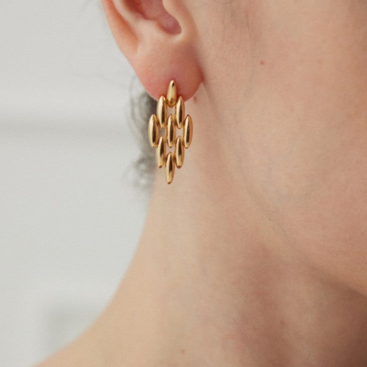 Geometric Oval Cluster Earrings | S925 Sterling Silver, Vintage Gold