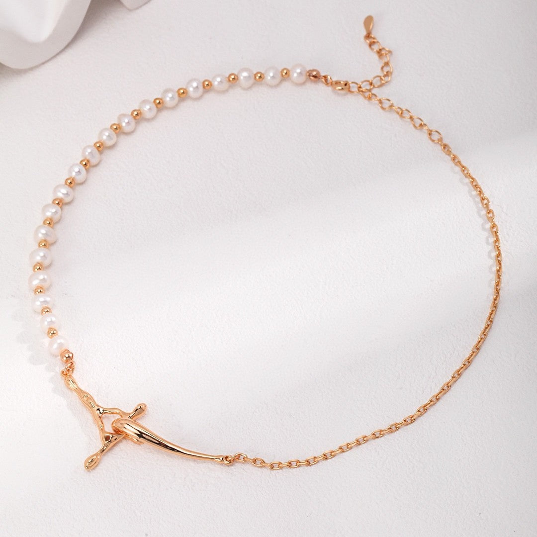 Liquid Flow Pearl Necklace | S925 Sterling Silver, Vintage Gold / White Gold