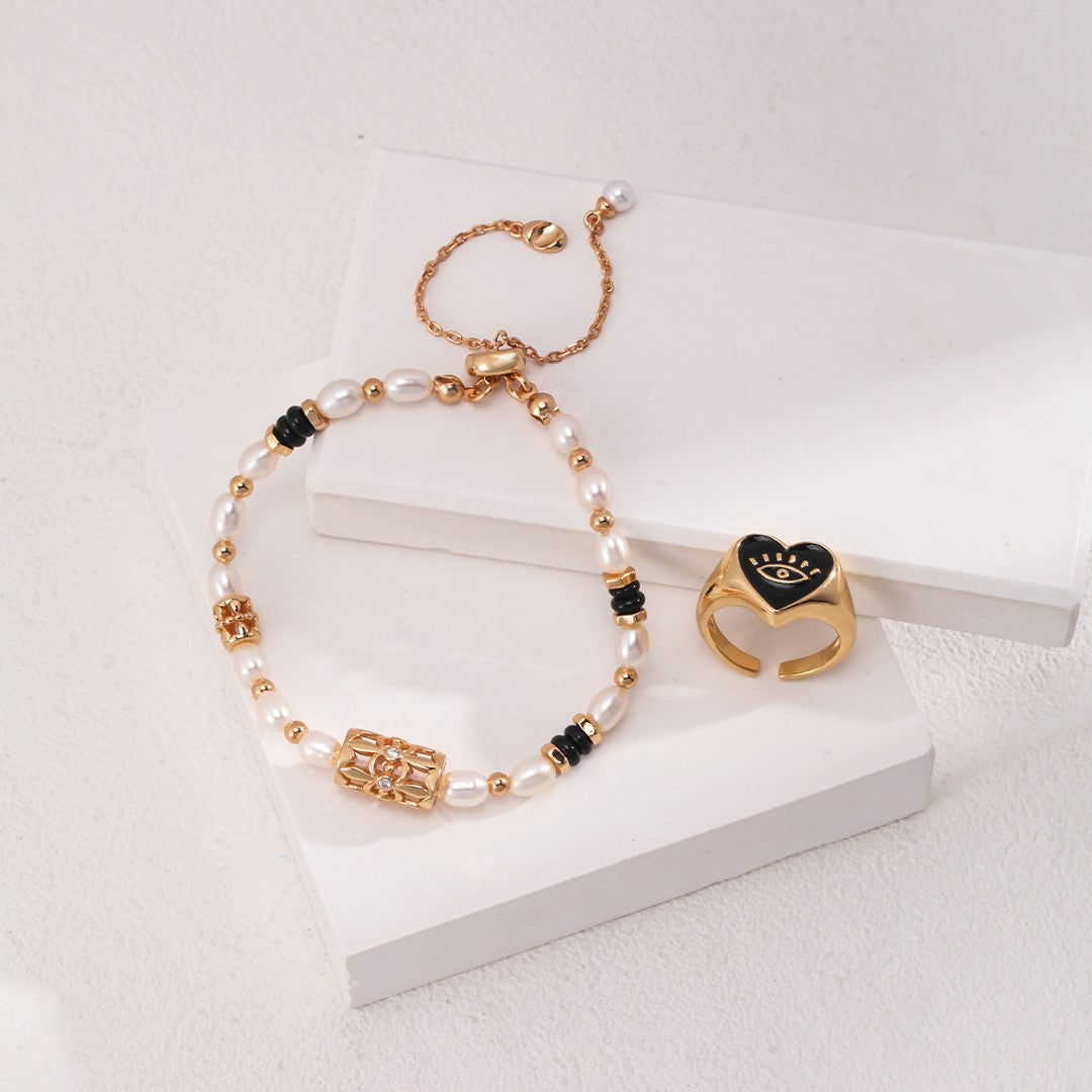 Pearl, Onyx & Zircon Bracelet | S925 Sterling Silver, White Gold / Vintage Gold