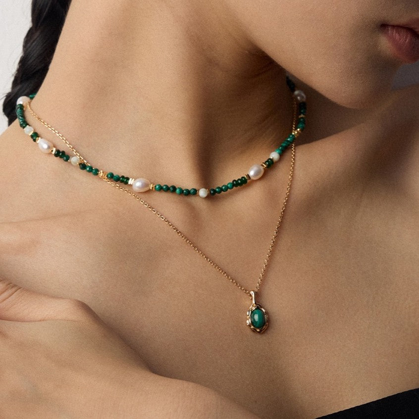 Tiger’s Eye / Malachite Necklace | S925 Sterling Silver, Vintage Gold