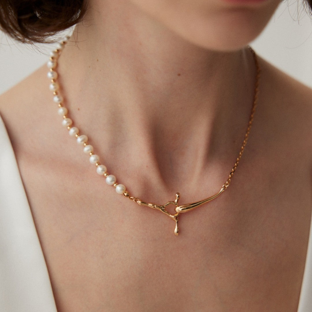 Liquid Flow Pearl Necklace | S925 Sterling Silver, Vintage Gold / White Gold